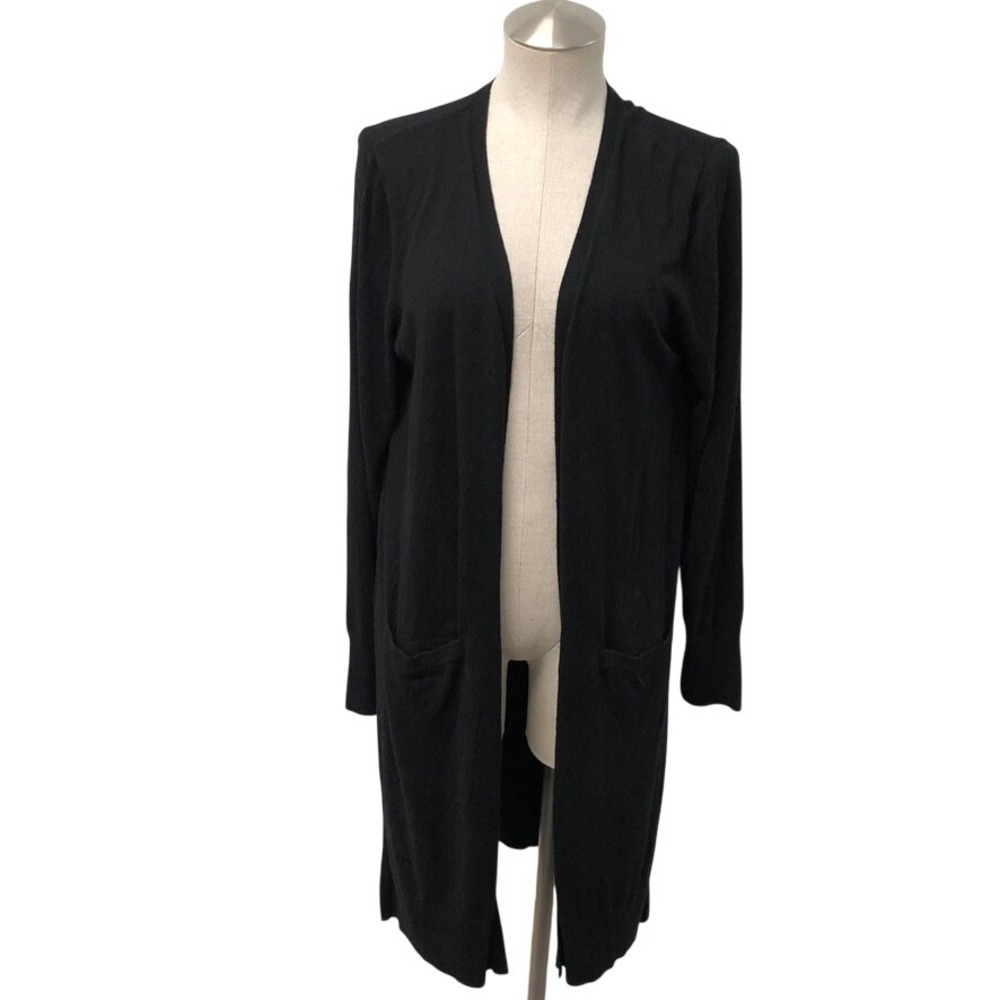 Halogen Long Cardigan Sweater Womens Large Rich Black Open Front Minimalist